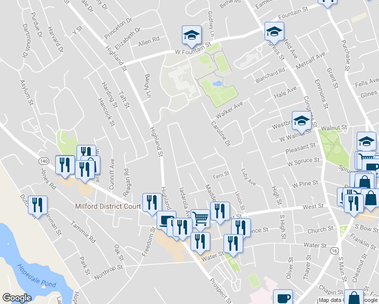 map of restaurants, bars, coffee shops, grocery stores, and more near 48 Madden Avenue in Milford