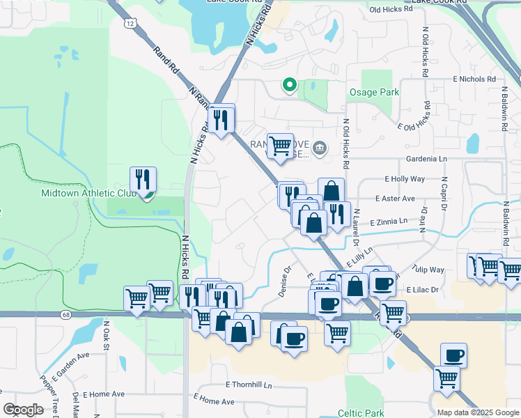 map of restaurants, bars, coffee shops, grocery stores, and more near 461 Spruce Drive in Palatine
