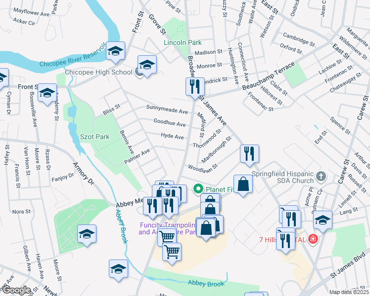 map of restaurants, bars, coffee shops, grocery stores, and more near 518 Broadway Street in Chicopee