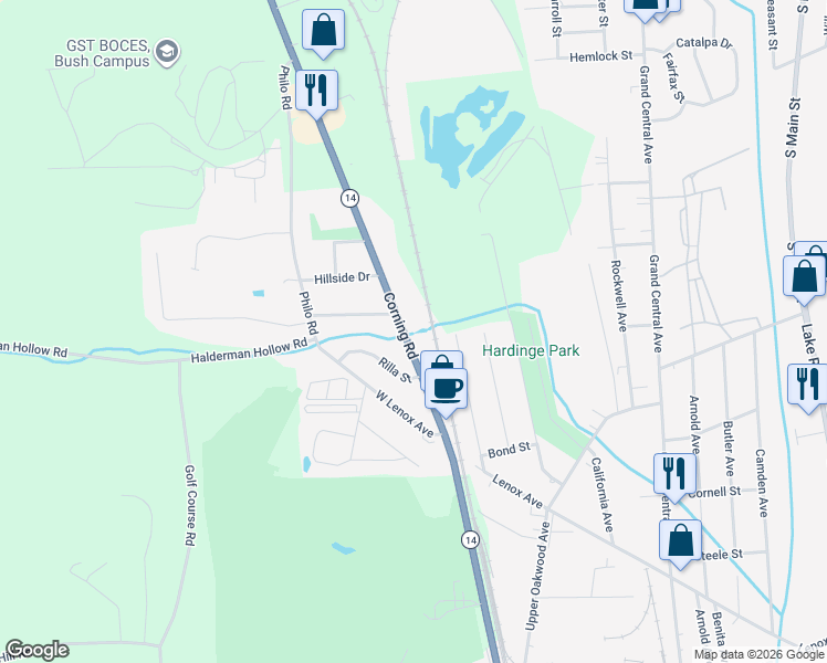 map of restaurants, bars, coffee shops, grocery stores, and more near 2398 Corning Road in Elmira