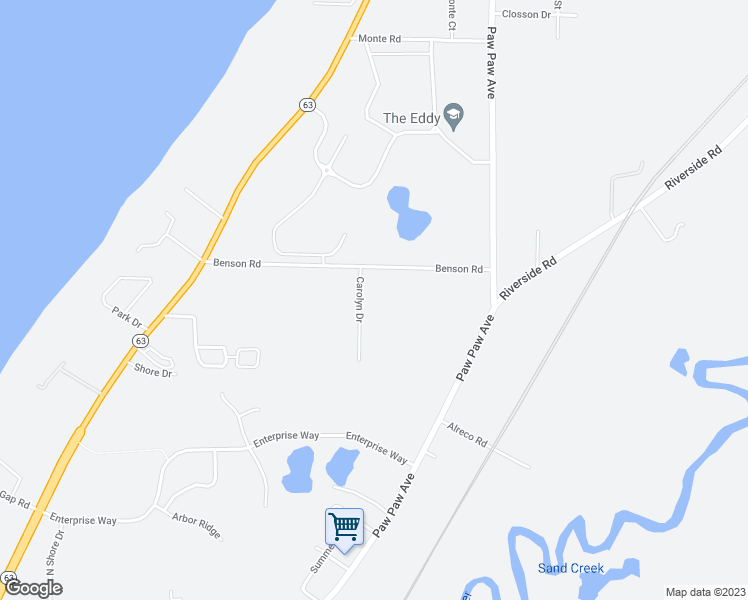 map of restaurants, bars, coffee shops, grocery stores, and more near 1641 Carolyn Drive in Benton Harbor