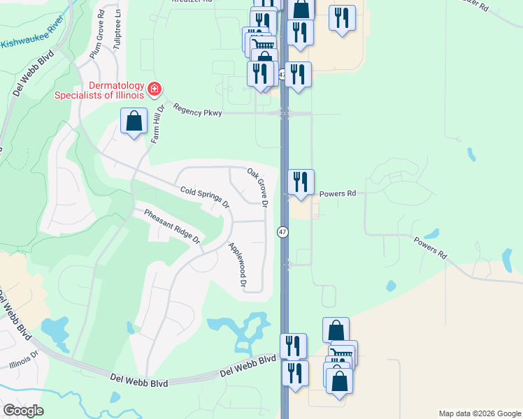 map of restaurants, bars, coffee shops, grocery stores, and more near 12777 Horseshoe Trail in Huntley