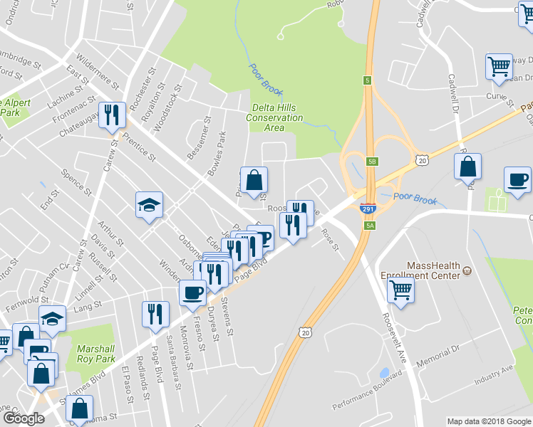 map of restaurants, bars, coffee shops, grocery stores, and more near 2456-2458 Roosevelt Avenue in Springfield