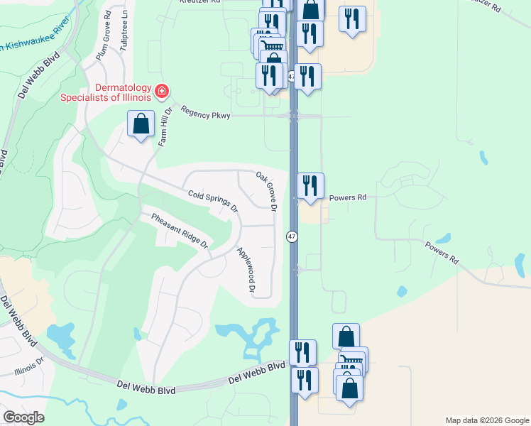 map of restaurants, bars, coffee shops, grocery stores, and more near 12773 Horseshoe Trail in Huntley