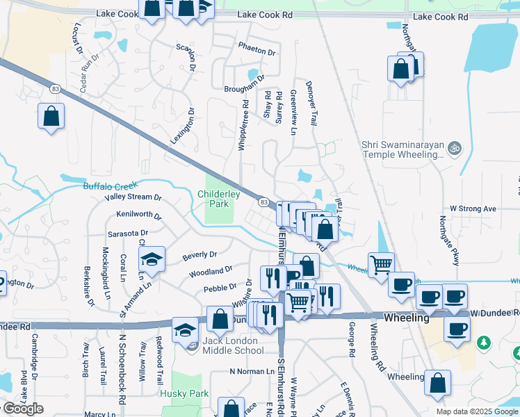map of restaurants, bars, coffee shops, grocery stores, and more near 843 McHenry Road in Wheeling