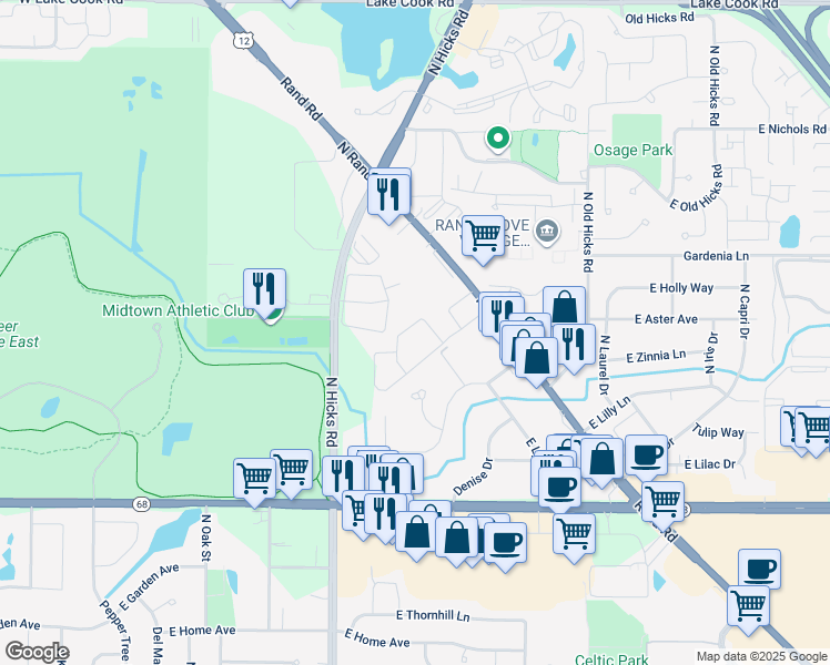 map of restaurants, bars, coffee shops, grocery stores, and more near 513 Spruce Drive in Palatine