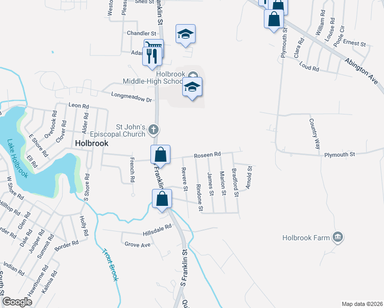 map of restaurants, bars, coffee shops, grocery stores, and more near 3 Rindone Street in Holbrook