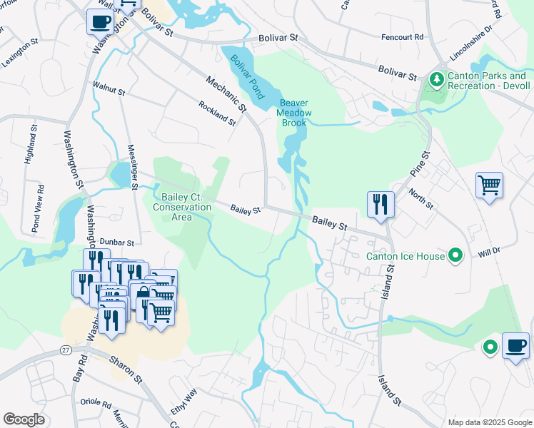 map of restaurants, bars, coffee shops, grocery stores, and more near 211 Bailey Street in Canton