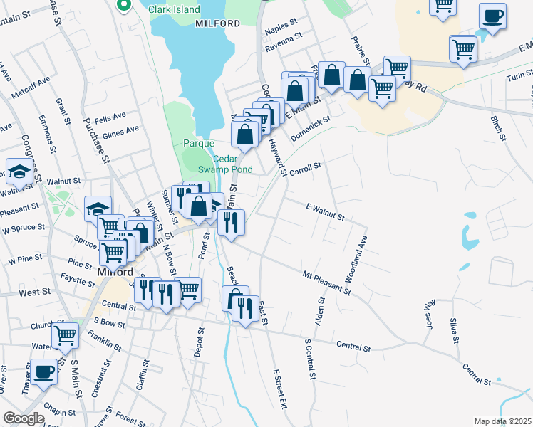 map of restaurants, bars, coffee shops, grocery stores, and more near 57 Hayward Street in Milford