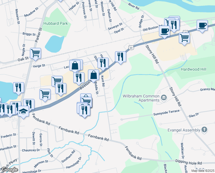 map of restaurants, bars, coffee shops, grocery stores, and more near 61 Kent Road in Springfield