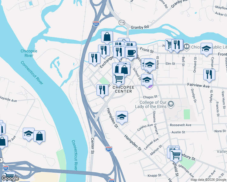 map of restaurants, bars, coffee shops, grocery stores, and more near 206 Center Street in Chicopee