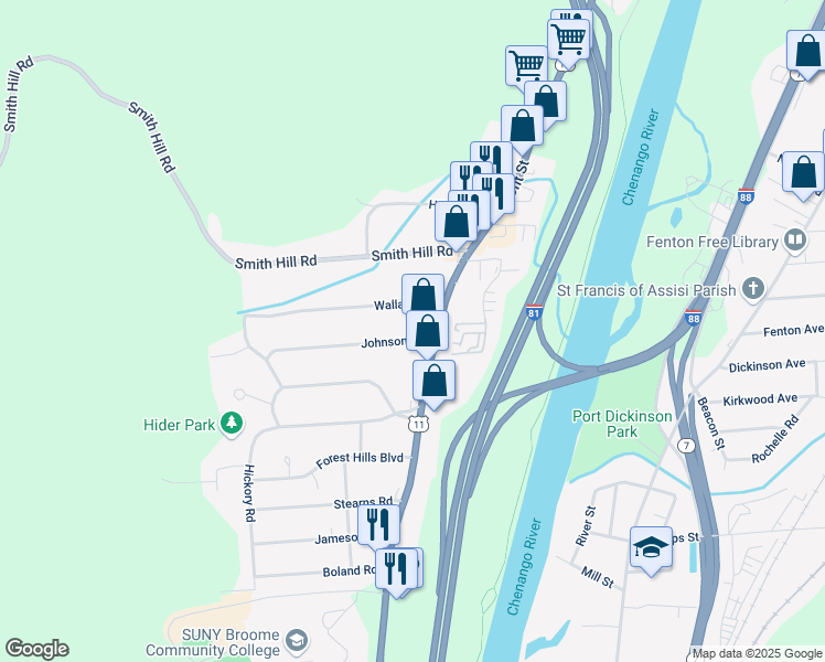 map of restaurants, bars, coffee shops, grocery stores, and more near 1-5 Johnson Road in Binghamton