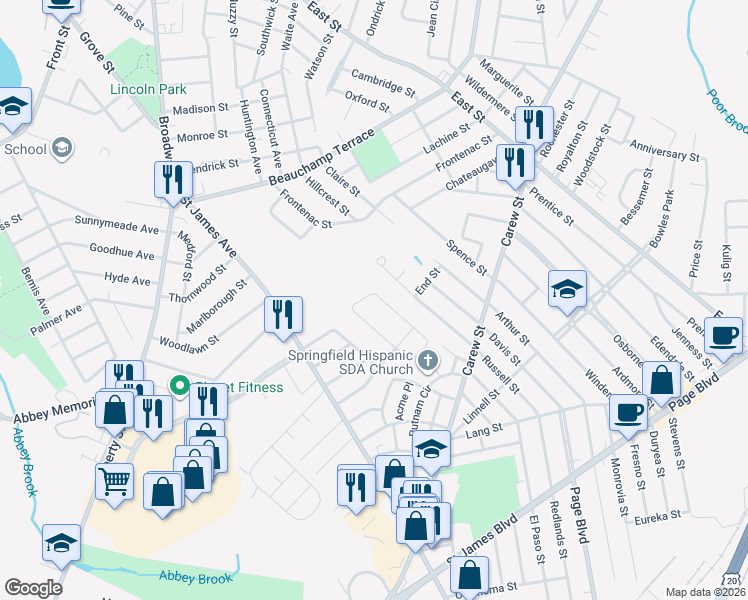 map of restaurants, bars, coffee shops, grocery stores, and more near 86 West Canton Circle in Springfield