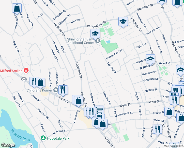 map of restaurants, bars, coffee shops, grocery stores, and more near 48 Madden Avenue in Milford