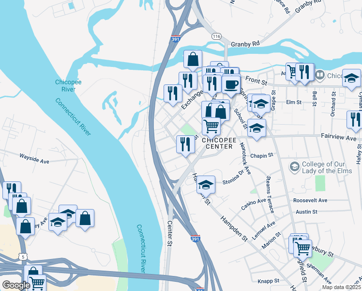 map of restaurants, bars, coffee shops, grocery stores, and more near 55 West Street in Chicopee