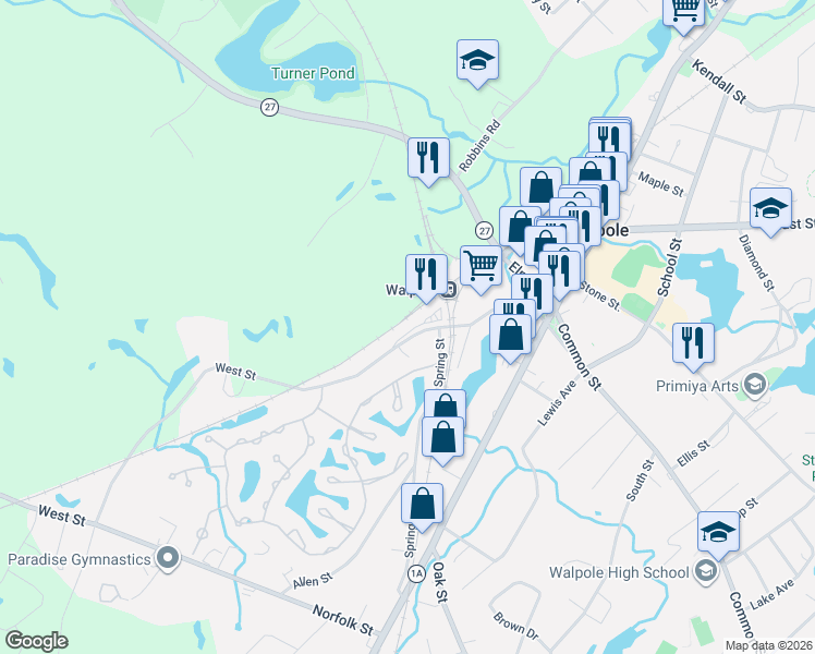 map of restaurants, bars, coffee shops, grocery stores, and more near 130 West Street in Walpole