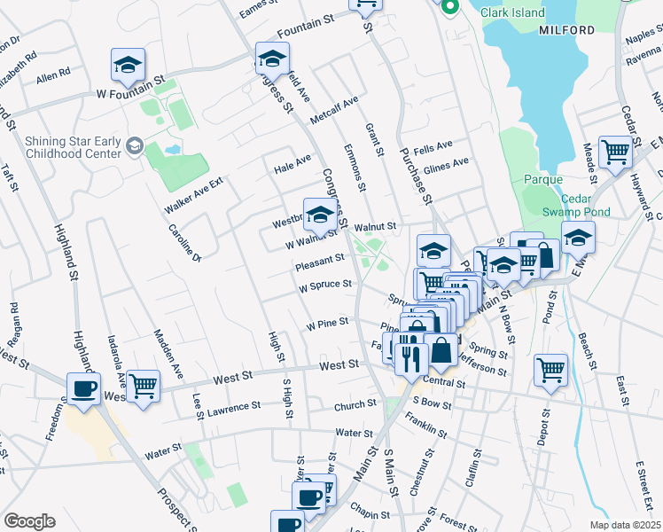 map of restaurants, bars, coffee shops, grocery stores, and more near 127 West Spruce Street in Milford