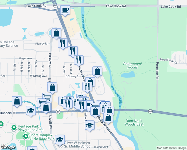 map of restaurants, bars, coffee shops, grocery stores, and more near 310 Oakwood Lane in Wheeling
