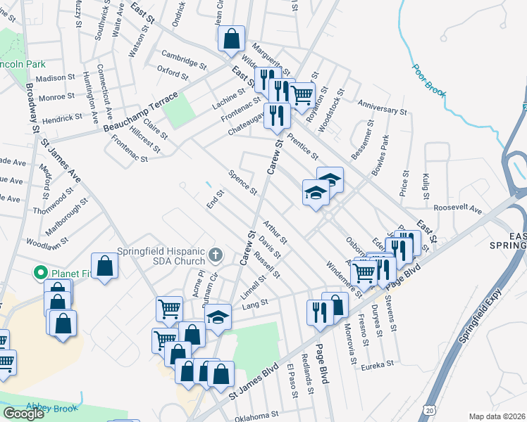 map of restaurants, bars, coffee shops, grocery stores, and more near 89 Arthur Street in Springfield