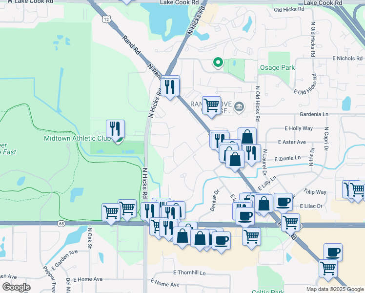 map of restaurants, bars, coffee shops, grocery stores, and more near 461 Spruce Drive in Palatine