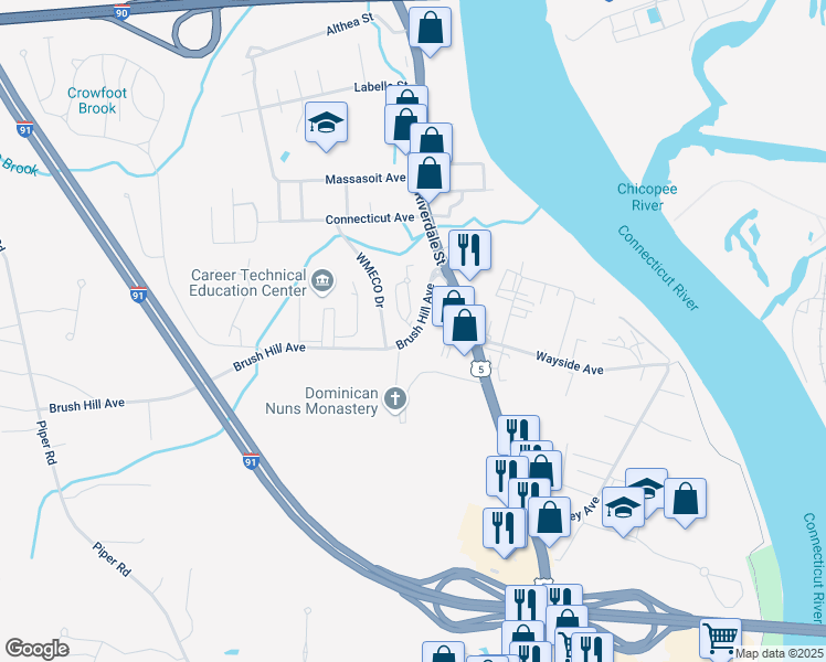 map of restaurants, bars, coffee shops, grocery stores, and more near 80 Brush Hill Avenue in West Springfield