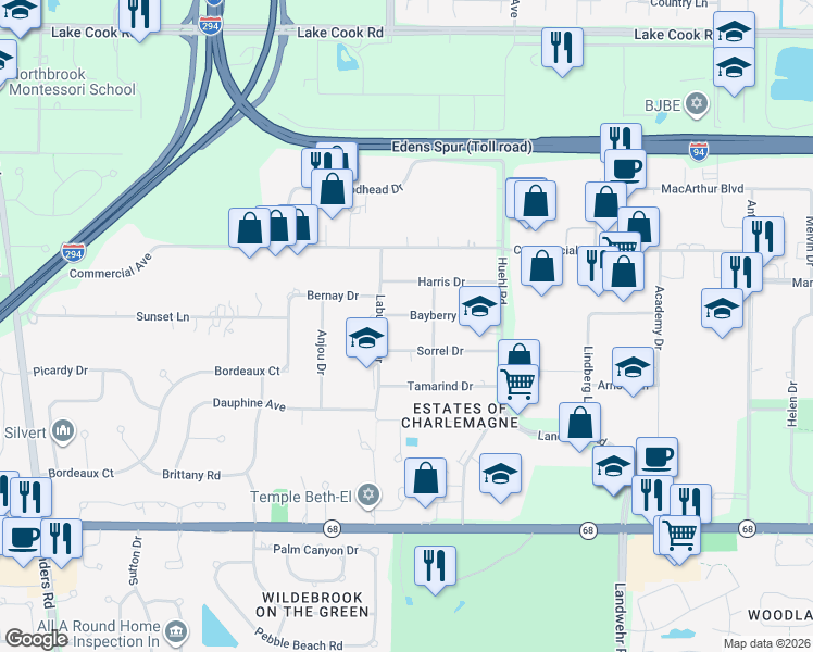 map of restaurants, bars, coffee shops, grocery stores, and more near 3560 Sorrel Drive in Northbrook