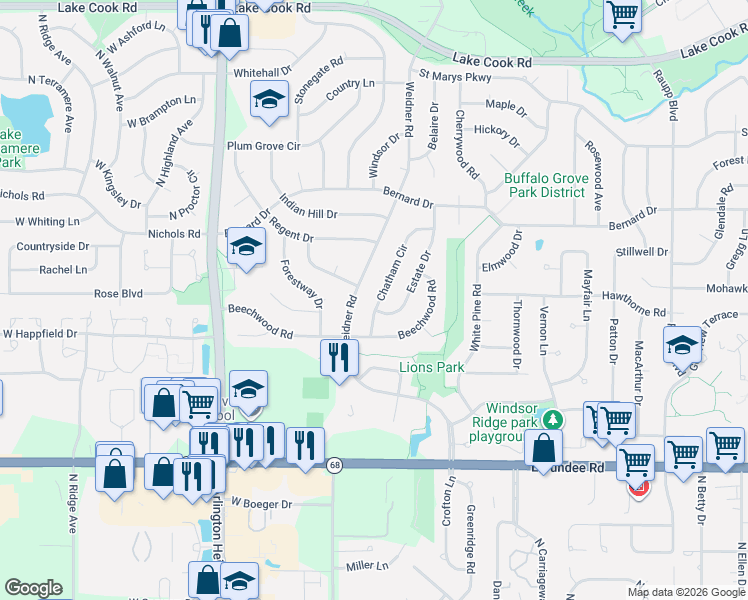 map of restaurants, bars, coffee shops, grocery stores, and more near 554 Chatham Circle in Buffalo Grove