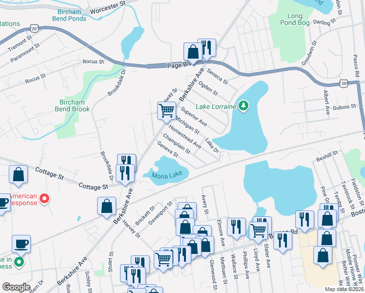 map of restaurants, bars, coffee shops, grocery stores, and more near 80 Champlain Street in Springfield