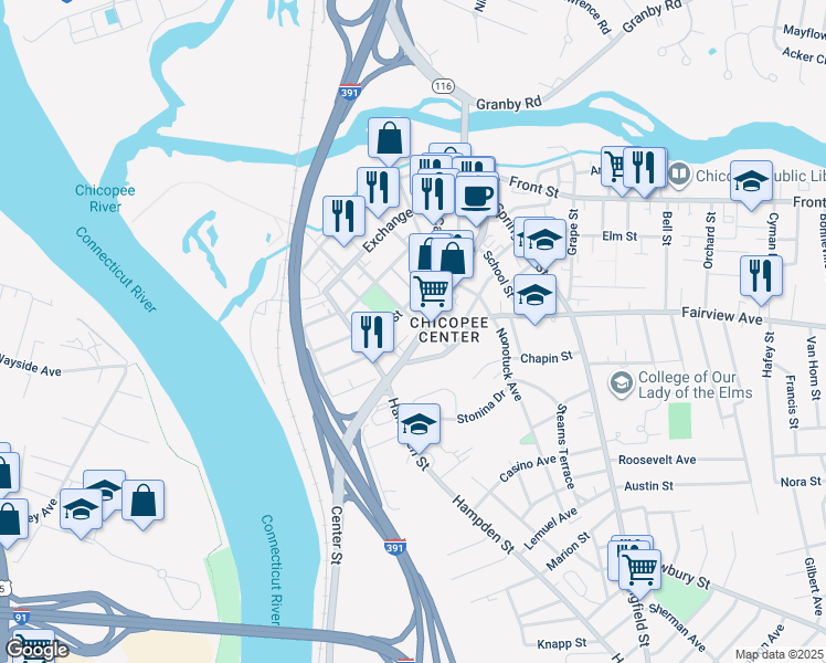 map of restaurants, bars, coffee shops, grocery stores, and more near 206 Center Street in Chicopee
