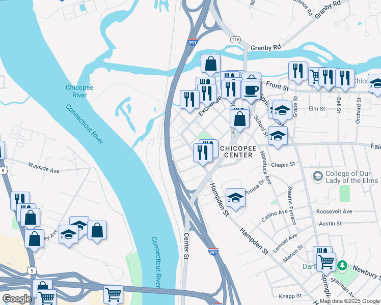 map of restaurants, bars, coffee shops, grocery stores, and more near 55 West Street in Chicopee