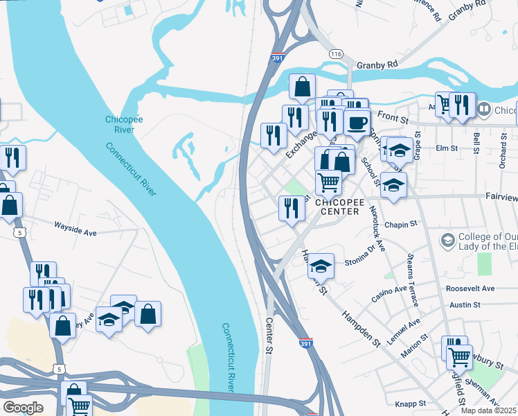 map of restaurants, bars, coffee shops, grocery stores, and more near 35 Dublin Street in Chicopee
