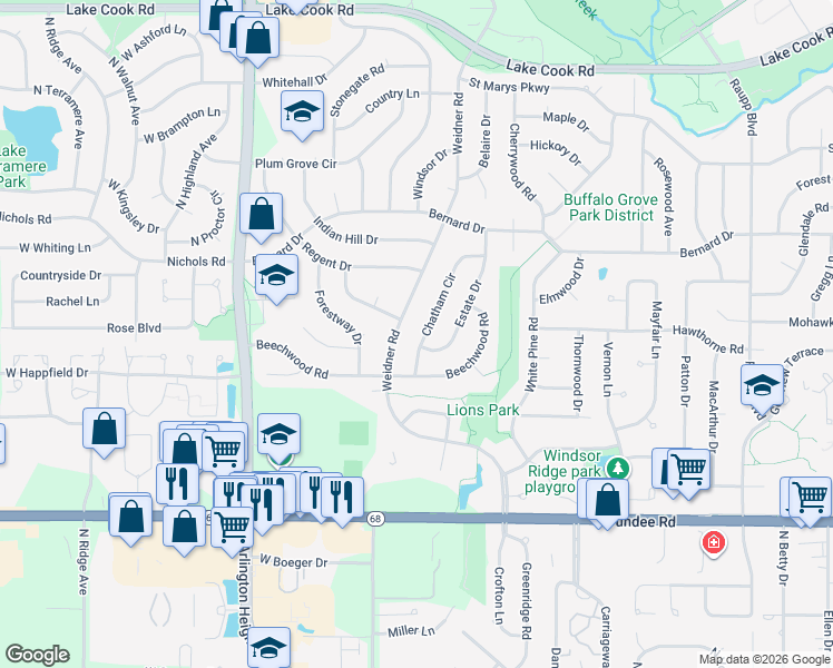 map of restaurants, bars, coffee shops, grocery stores, and more near 557 Chatham Circle in Buffalo Grove