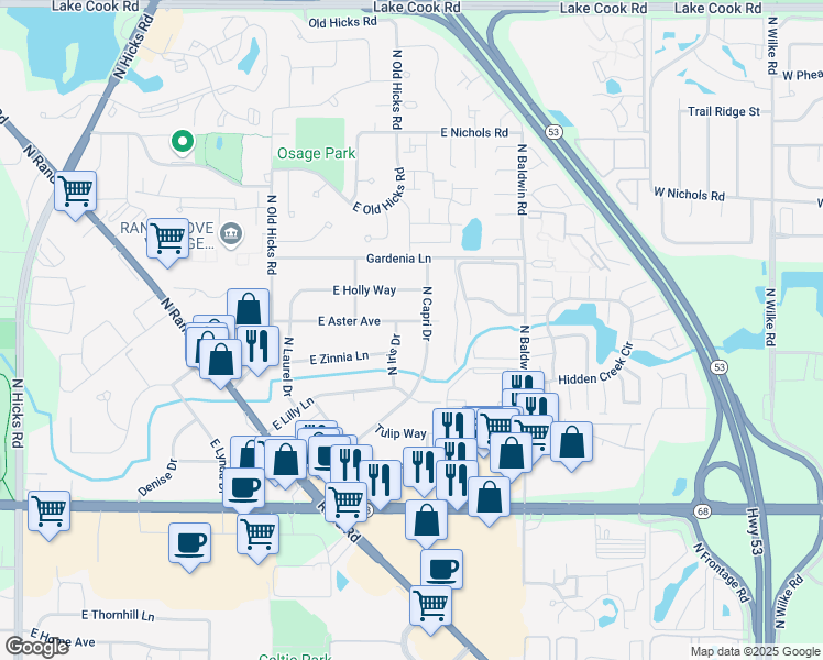 map of restaurants, bars, coffee shops, grocery stores, and more near 1818 North Capri Drive in Palatine