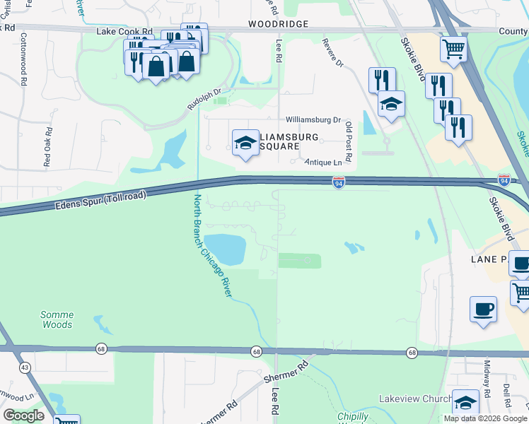 map of restaurants, bars, coffee shops, grocery stores, and more near 450 Lee Road in Northbrook