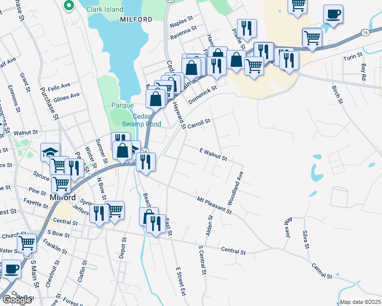 map of restaurants, bars, coffee shops, grocery stores, and more near 8 Jen Paul Way in Milford