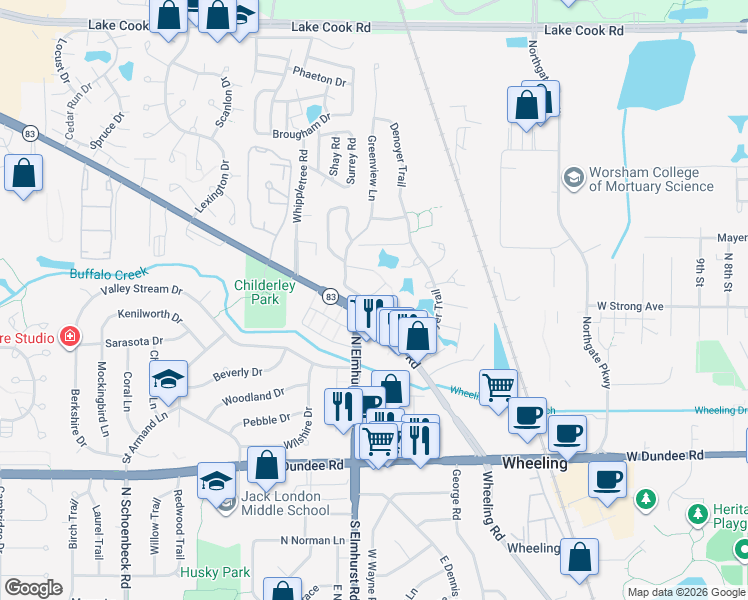 map of restaurants, bars, coffee shops, grocery stores, and more near 789 Barnaby Place in Wheeling