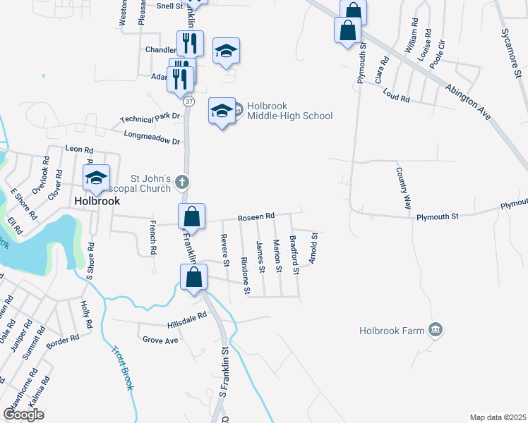map of restaurants, bars, coffee shops, grocery stores, and more near 37 Roseen Road in Holbrook
