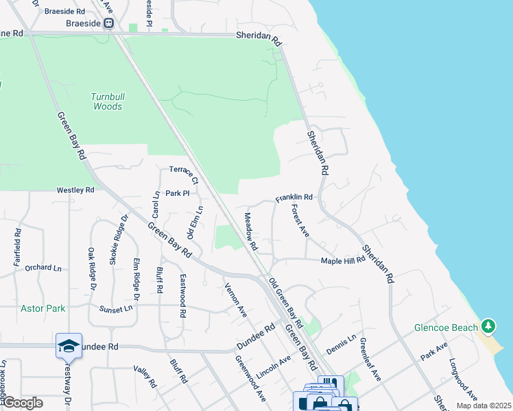 map of restaurants, bars, coffee shops, grocery stores, and more near Sylvan Road in Glencoe