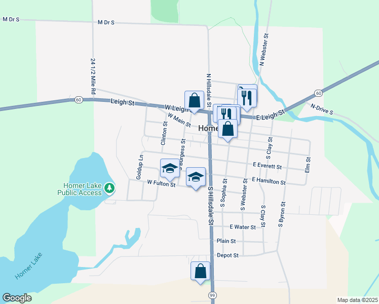 map of restaurants, bars, coffee shops, grocery stores, and more near 215 West Everett Street in Homer