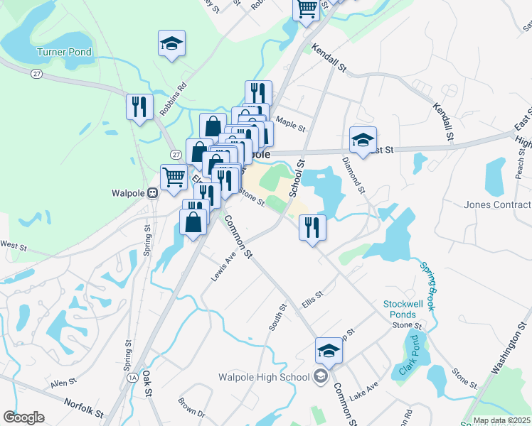 map of restaurants, bars, coffee shops, grocery stores, and more near 229 School Street in Walpole