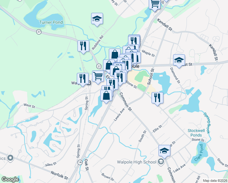 map of restaurants, bars, coffee shops, grocery stores, and more near in Walpole