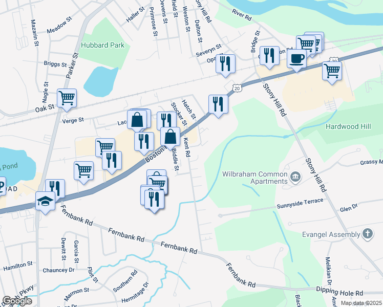 map of restaurants, bars, coffee shops, grocery stores, and more near 61 Kent Road in Springfield