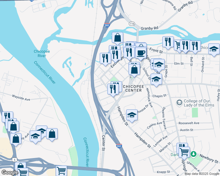 map of restaurants, bars, coffee shops, grocery stores, and more near 55 West Street in Chicopee
