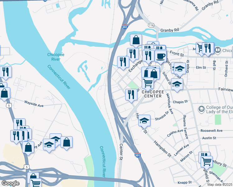 map of restaurants, bars, coffee shops, grocery stores, and more near 35 Dublin Street in Chicopee