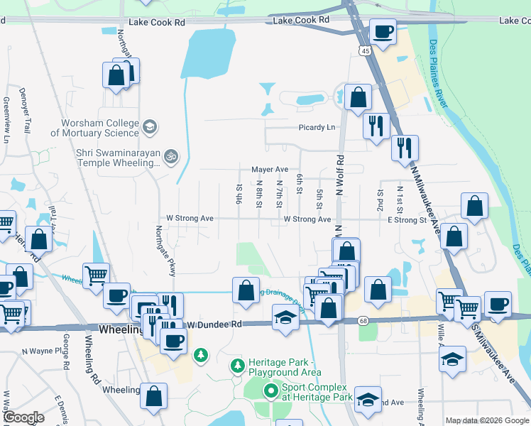 map of restaurants, bars, coffee shops, grocery stores, and more near 270 8th Street in Wheeling