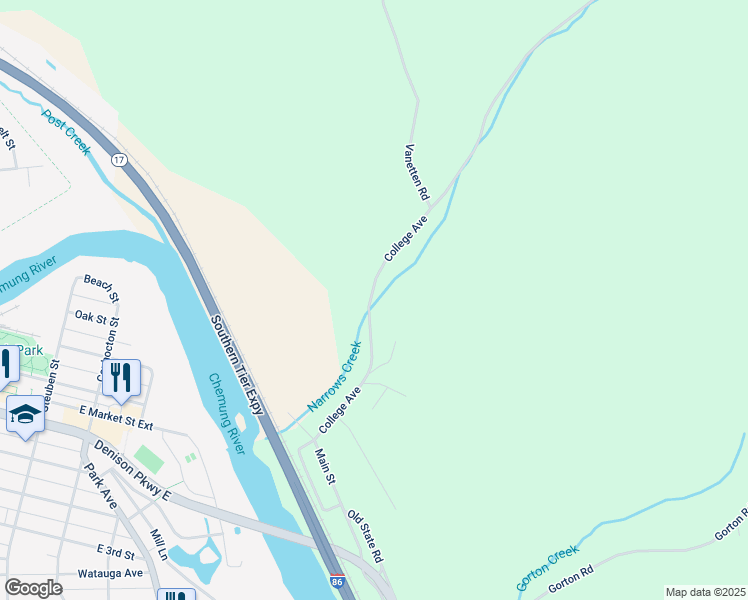 map of restaurants, bars, coffee shops, grocery stores, and more near 3082 College Avenue in Corning
