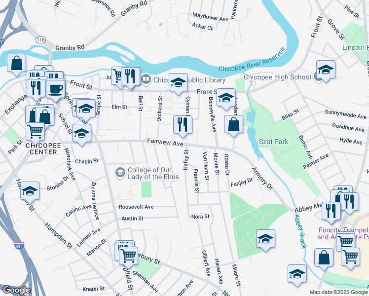 map of restaurants, bars, coffee shops, grocery stores, and more near 206 Fairview Avenue in Chicopee