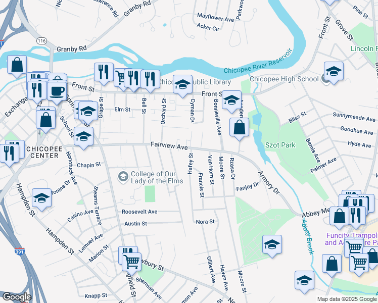 map of restaurants, bars, coffee shops, grocery stores, and more near 206 Fairview Avenue in Chicopee