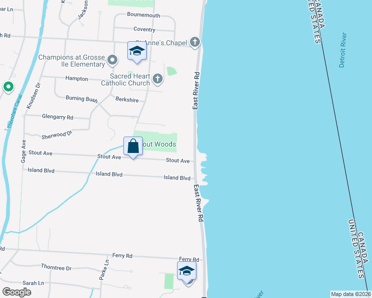 map of restaurants, bars, coffee shops, grocery stores, and more near 7630 Stout Avenue in Grosse Ile Township