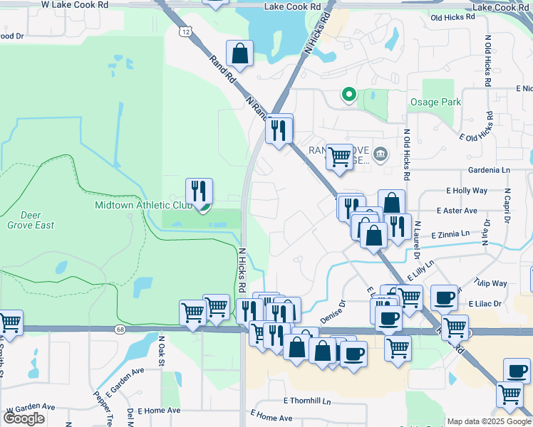 map of restaurants, bars, coffee shops, grocery stores, and more near 1919 North Hicks Road in Palatine